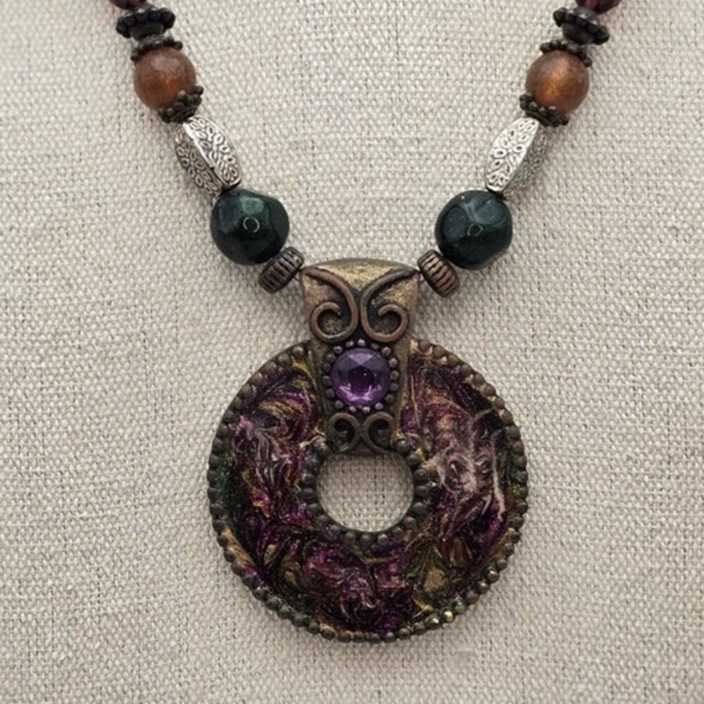Chico’s Ornate Medallion Purple Gem Beaded Statement Necklace - Romantic Boho